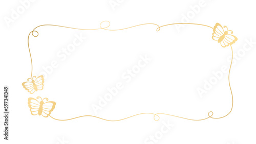 Gold rectangle frame with butterflies silhouette vector illustration. Abstract golden border for spring summer elegant design elements