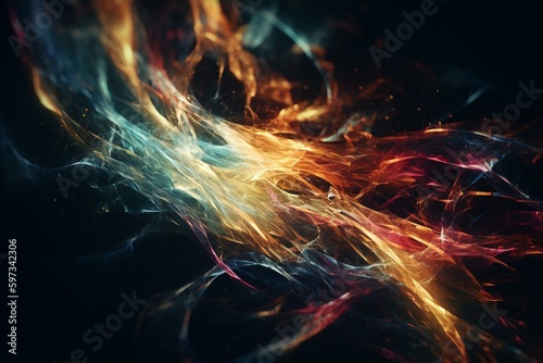 Chaotic visual with distorted bokeh swirl and colorful light rays over black background. Generative AI