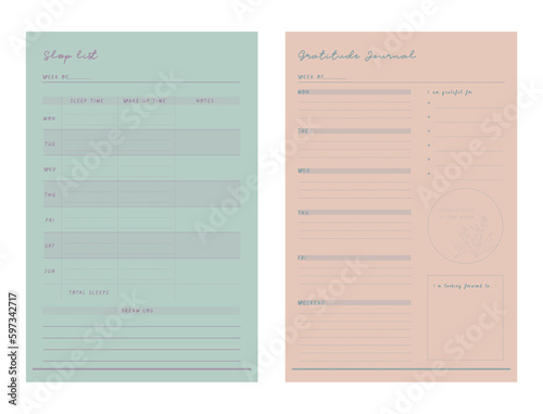 (Spring) Gratitude Journal and sleep planner. Minimalist planner template set. Vector illustration. 