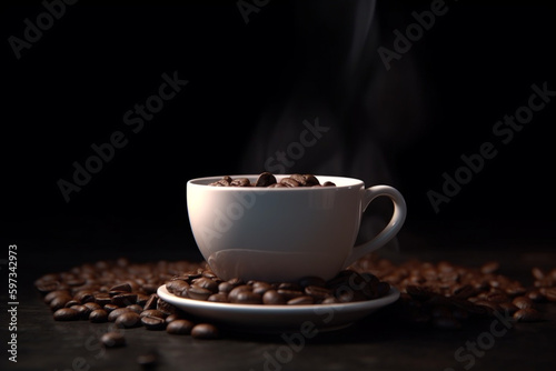 Cup of coffee and coffee beans on dark background, Generative AI