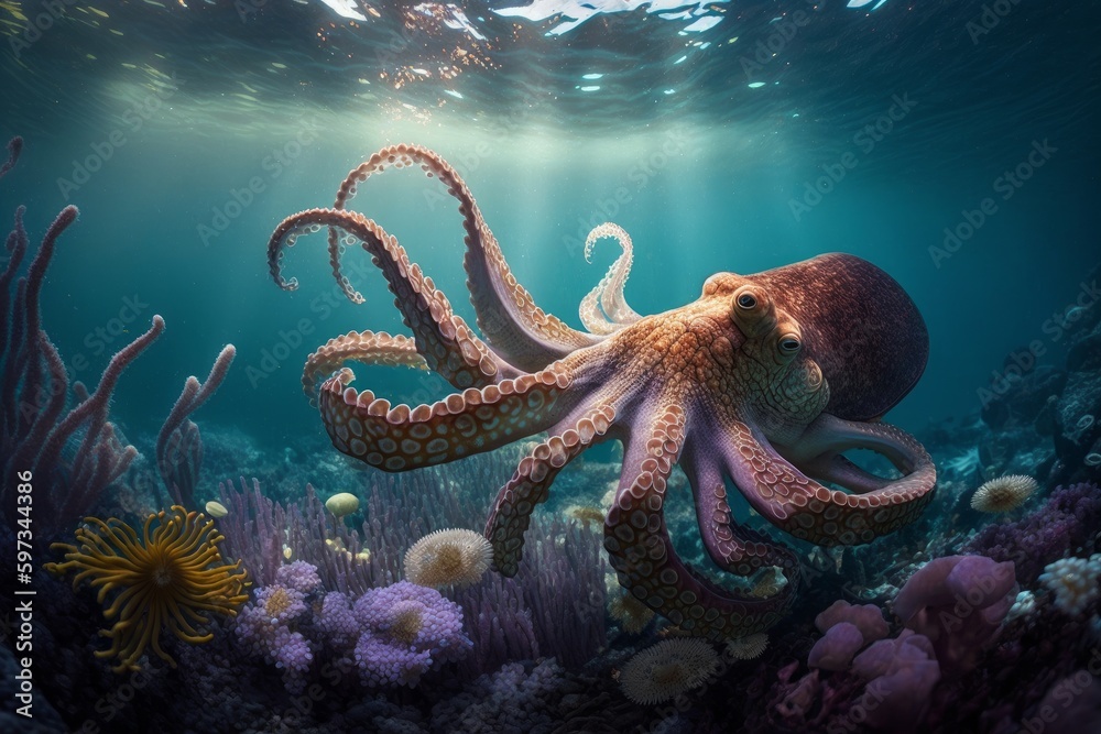 An octopus is swimming in the ocean, created with Generative Ai ...