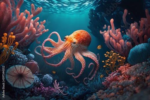 An underwater scene with an octopus and corals, created with Generative Ai Technology