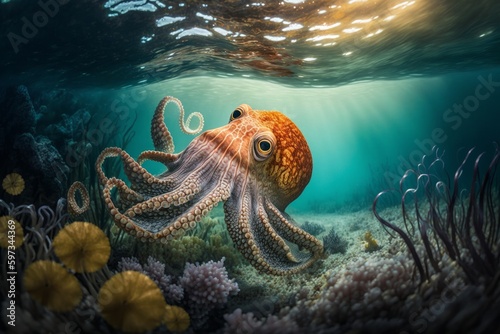 A painting of an octopus swimming in the ocean, created with Generative Ai Technology © pham
