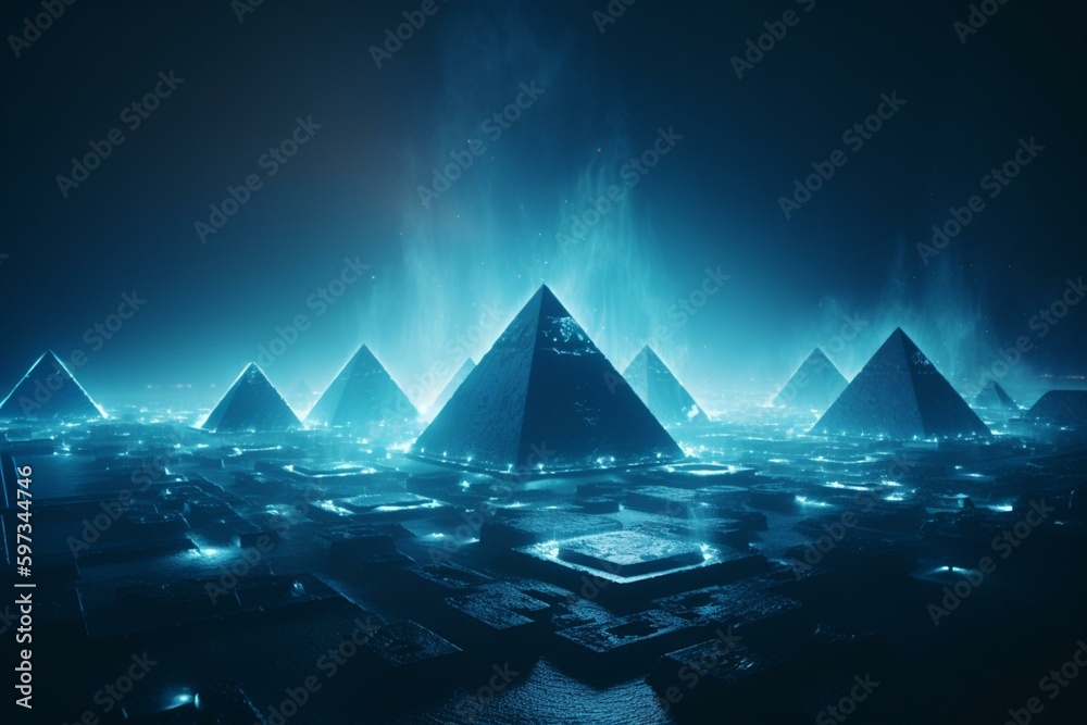 Blue glowing surface with pyramids. Geometric and futuristic. Generative AI