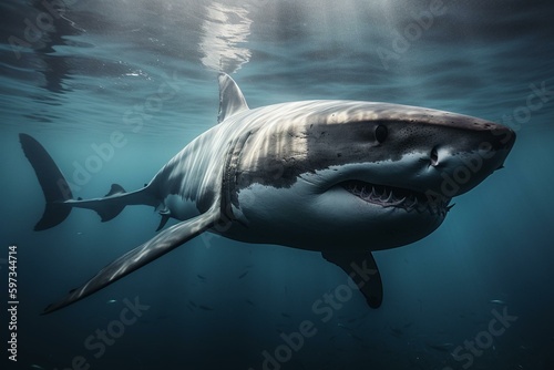 Underwater predator alert! A dangerous white shark is swimming. Generative AI