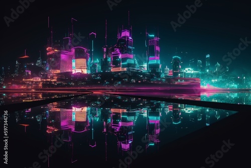 A modern city lit up in neon purple and cyan lights at night. The skyline boasts impressive futuristic architecture. Generative AI