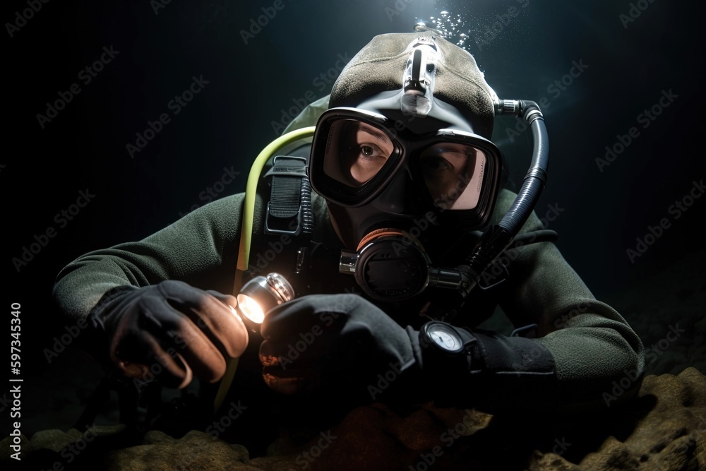 Close up photo of a scuba diver exploring the underwater world with a flashlight, created with Generative Ai Technology