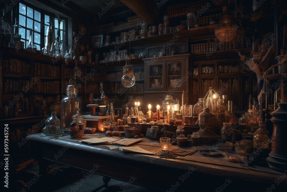 An alchemist's lab full of magic books and glowing potions at night. Generative AI - obrazy, fototapety, plakaty 