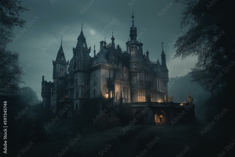 Eerie gothic castle in a vampire city. Generative AI