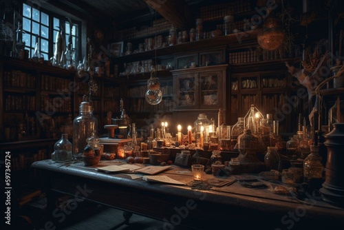 An alchemist's lab full of magic books and glowing potions at night. Generative AI