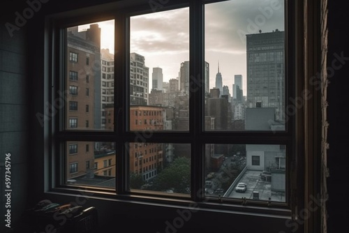 Scenic cityscape through window. Made with technology. Generative AI