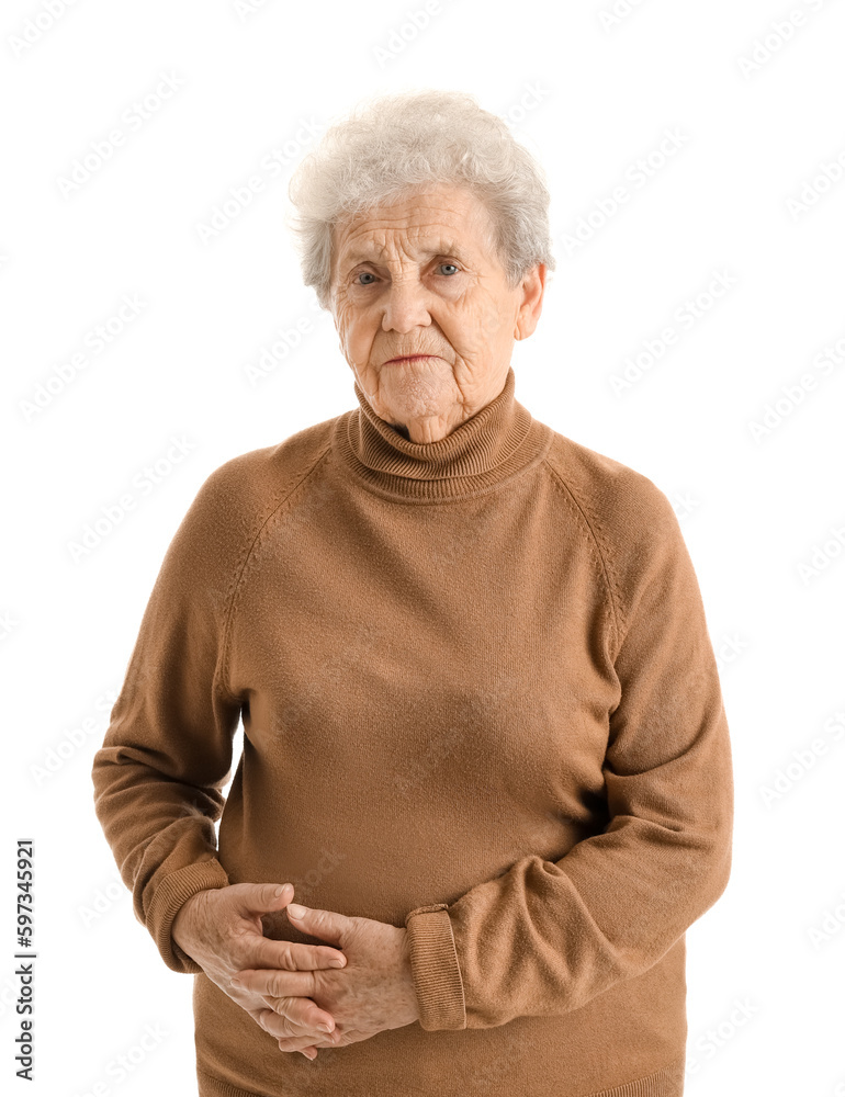 Senior woman with appendicitis on white background