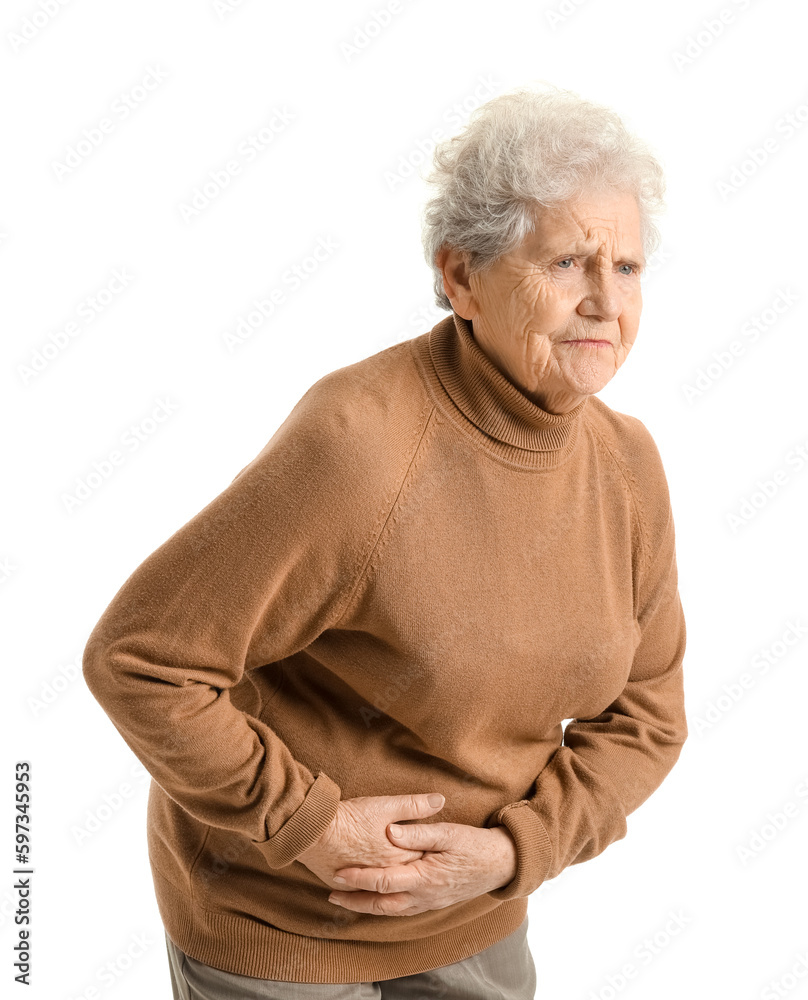 Senior woman with appendicitis on white background Senior woman with appendicitis on white background