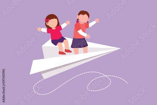 Character flat drawing happy two little girls flying on paper plane. Pretty kids flying on paper airplane together. Smart children back to school metaphor concept. Cartoon design vector illustration