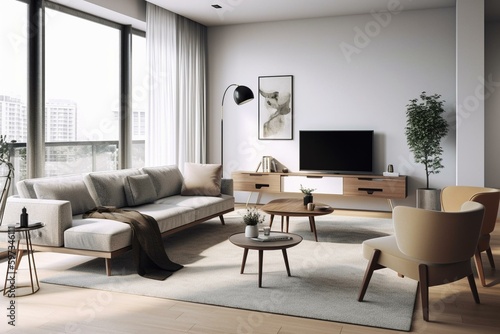 Stylish 3D rendered modern apartment living room decor. Generative AI