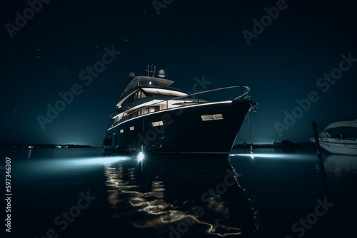 Wide angle front view of yacht on night sea. Generative AI © Cybele