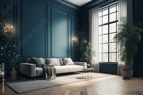 Contemporary office room with blue wall trim, sofa and white details. Generative AI