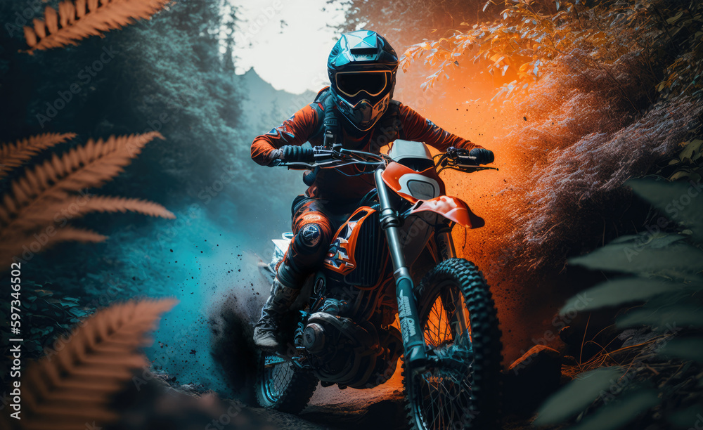 Moto biker in action in the forest 