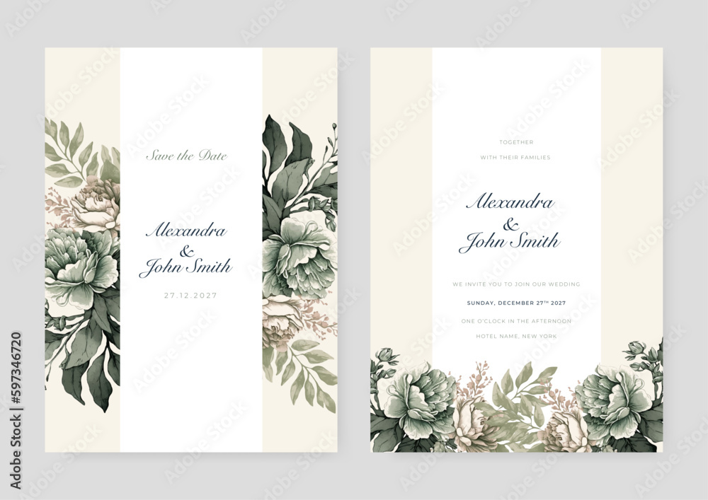 Sage green Elegant watercolor flower wedding invitation design template