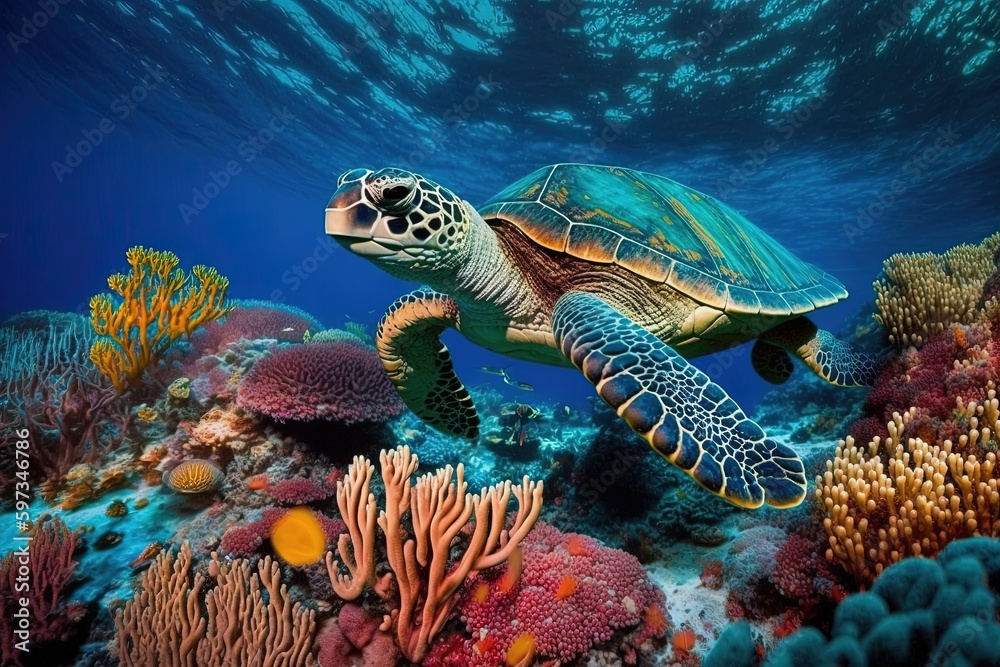Fototapeta premium A turtle swimming over a colorful coral reef, created with Generative Ai Technology