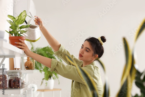 Young woman watering green ...