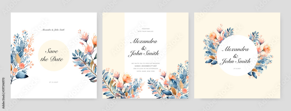 Floral vector card, wedding invitation with cherry or sakura watercolor flowers and golden elements.