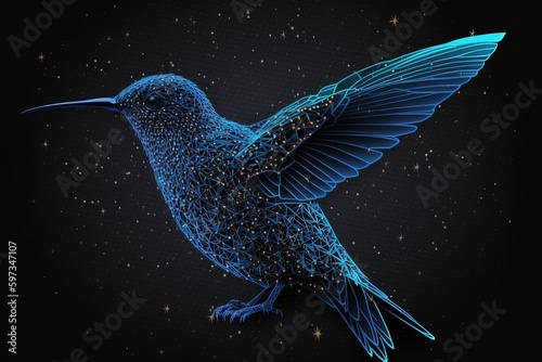 Abstract image of a Colibri in the form of a starry sky or space, consisting of points, lines, and shapes in the form of planets, stars and the universe created with Generative Ai Technology
