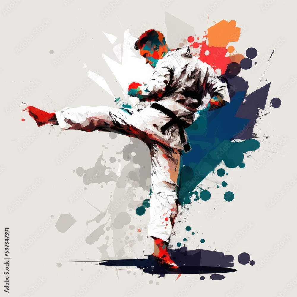 Obraz premium A painting of a man doing a taekwondo kick, created with Generative Ai Technology