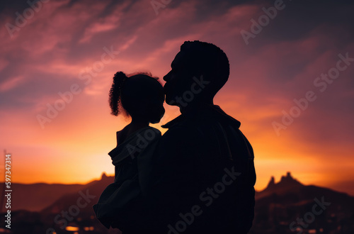 Dad holds daughter during sunset silhouette. Generative Ai.

