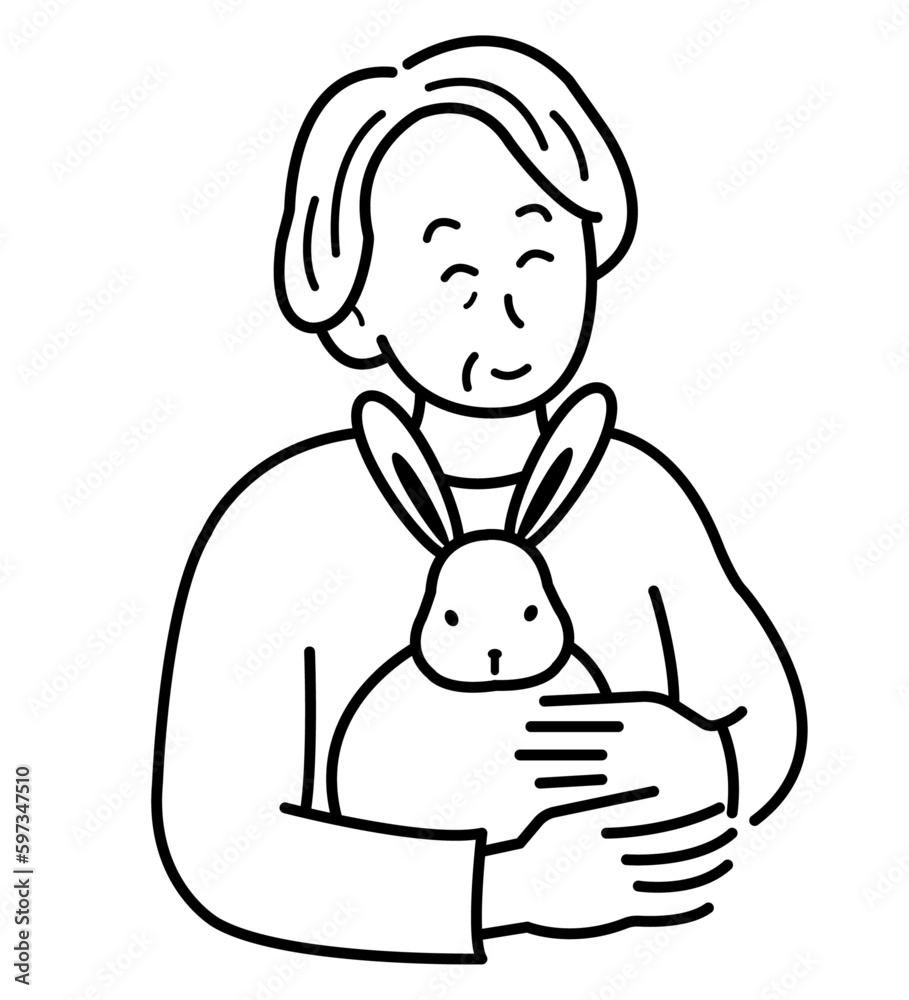 アニマルセラピー　ウサギを抱っこする年配女性のイラスト　線画のみ