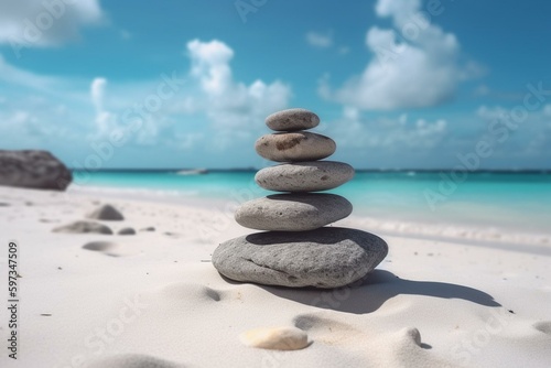 Stack of stones on white sand beach. Zen meditation nature background. Generative AI