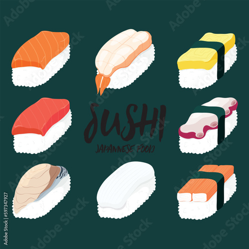 Colorful sushi set , isolated vector illustration