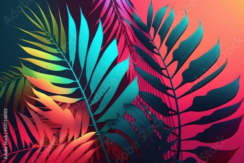 A close up of a palm leaf on a colorful background, created with Generative Ai Technology