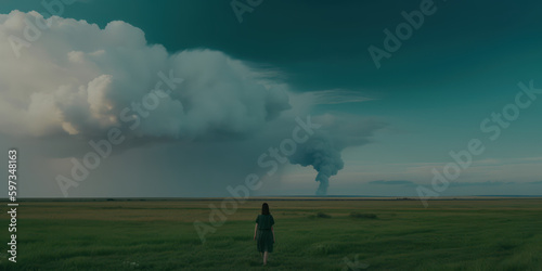 Woman Standing In A Field Looking At Clouds. Generative AI Illustration