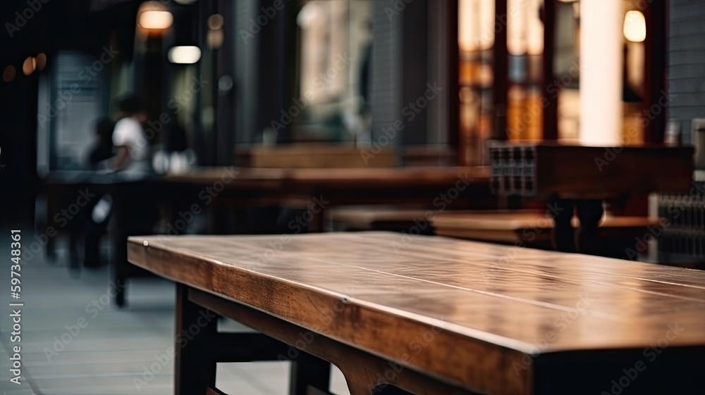 wooden table in coffee shop tone , place to place product advertisements , Generative AI