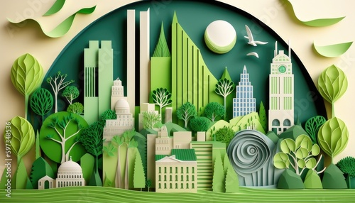 Green eco friendly city and urban forest landscape , Generative AI