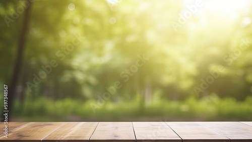 empty table to showcase your product on garden wind angle view background , Generative AI