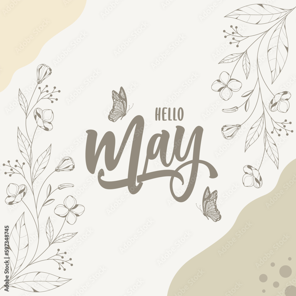 hello may lettering with floral background