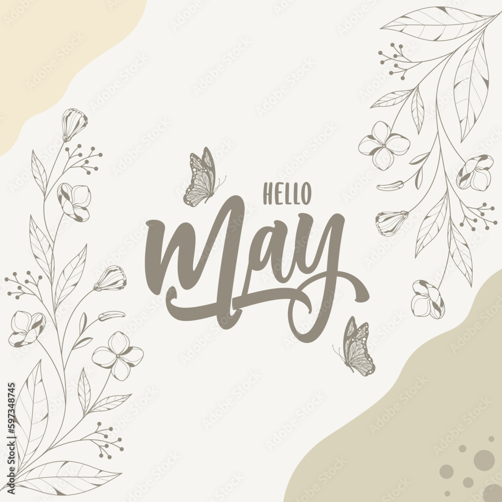hello may lettering with floral background hello may lettering with floral background
