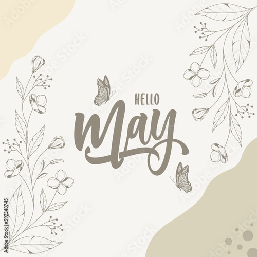 hello may lettering with floral background