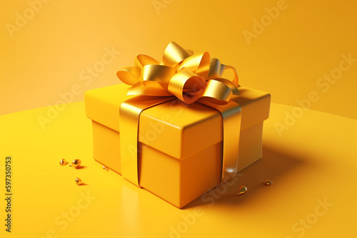 Gift Box with Satin Ribbon and Bow on Yellow Background, Generative AI	

