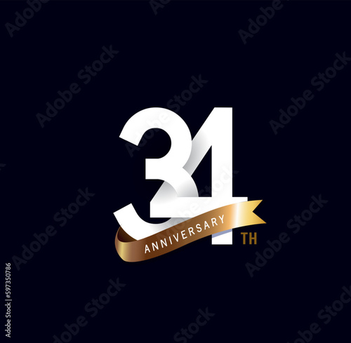 34 years anniversary vector number icon, birthday logo label, black and white with gold ribbon photo