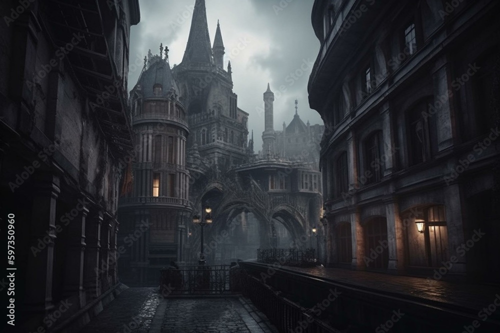 A dim, ominous medieval metropolis in a dystopian world. Generative AI