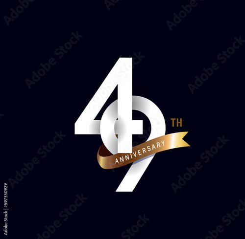 49 years anniversary vector number icon, birthday logo label, black and white with gold ribbon photo