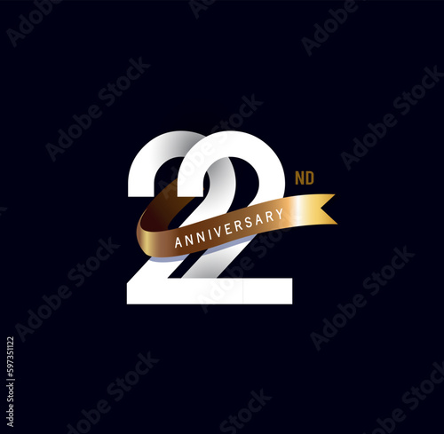 22 years anniversary vector number icon, birthday logo label, black and white with gold ribbon