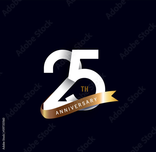 25 years anniversary vector number icon, birthday logo label, black and white with gold ribbon
