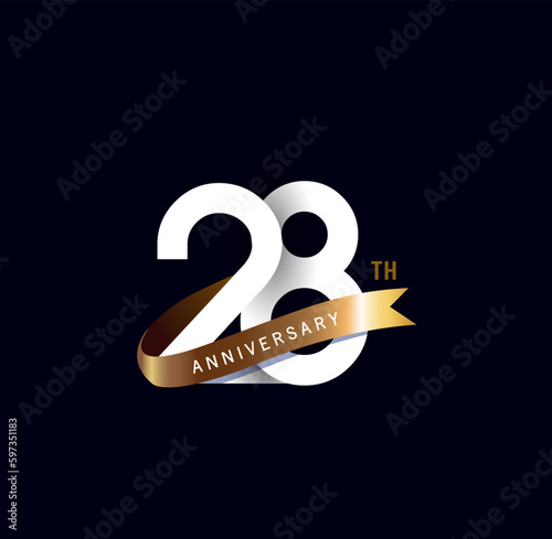 28 years anniversary vector number icon, birthday logo label, black and white with gold ribbon photo