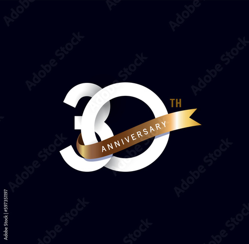 30 years anniversary vector number icon, birthday logo label, black and white with gold ribbon