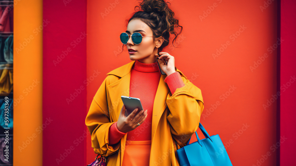 Fototapeta premium Cheerful woman shopping in city, hands full of bags, enjoys treating herself, finding joy and satisfaction in stylish attire colorful background and energetic scene reflect her fashionable lifestyle.