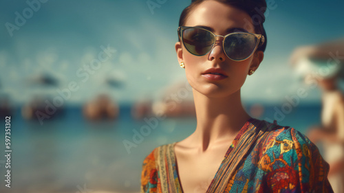 Fashionable woman in Y2K-inspired 90s bikini enjoys summer vacation, embracing beach lifestyle; with sunglasses, hat, and colorful swimwear, she models and soaks up sun, showcasing trendy style. photo